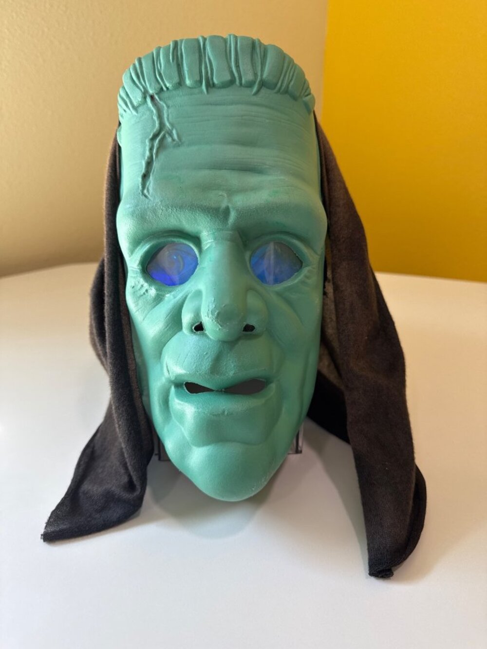 Green Frankenstein Costume Mask With Black Hood & Hologram Eyes Foam Insert For